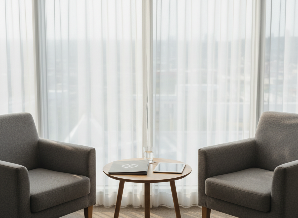 A serene consultation corner represented without people: two facing armchairs in muted gray fabric, a small round wooden table between them holding a glass of water, a closed folder labeled only with a subtle icon of interconnected arrows, and a tablet resting beside it. Behind, a large window with sheer white curtains reveals an abstract, out-of-focus cityscape, hinting at cross-border movement. Soft morning light filters through the curtains, casting delicate, inviting shadows and a gentle glow over the scene. Captured at seating height with a moderate depth of field, the chairs and table are in crisp focus while the city remains blurred. The atmosphere is calm, confidential, and supportive, visually expressing safe, informed migration advisory without any text-heavy or governmental imagery.