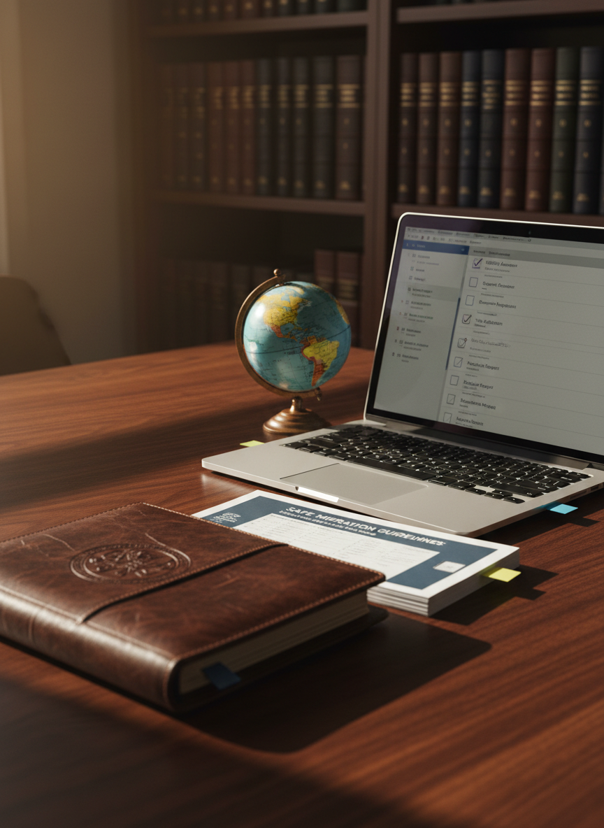 A close-up of a refined migration advisory toolkit arranged with precision on a dark walnut table: a leather-bound agenda, a slim silver laptop showing a checklist, printed guidelines about safe migration, a world globe with the Americas prominently visible, and colored sticky tabs marking key articles. In the background, slightly out of focus, shelves hold neatly aligned books on international law and human rights. Late afternoon sunlight enters from the side, creating elegant, elongated shadows and warm highlights on metallic and leather surfaces. Photographic realism, shot from a low, diagonal angle, emphasizes textures and detail. The mood is methodical, reliable, and studious, reinforcing meticulous, quality-focused migratory advisory work without depicting any people.