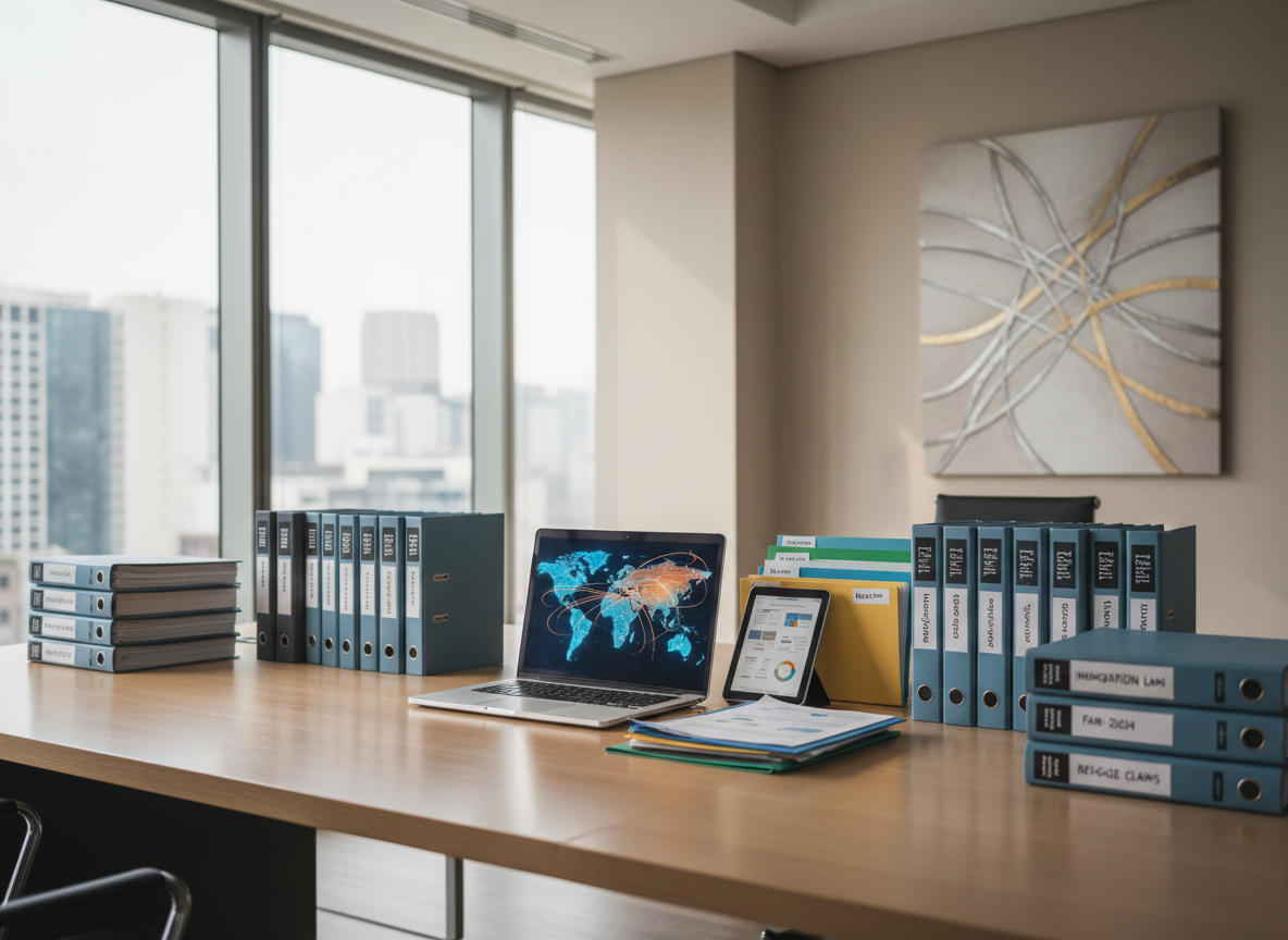 A large, meticulously organized workstation covered with neatly stacked bilingual migration law binders, an open laptop displaying a detailed map of migration routes as abstract lines, and color-coded folders spread across a smooth oak desk. The setting is a modern, minimalist office with glass walls, soft beige walls, and a subtle abstract artwork suggesting interconnected pathways. Gentle daylight pours through a high window, creating refined reflections on the desk surface and laptop screen. Shot at eye level with a shallow depth of field, foreground documents in sharp focus and background slightly blurred. The mood is sophisticated, calm, and trustworthy, with photographic realism and a clean, professional aesthetic that conveys serious, informed migratory advisory work without any human presence.