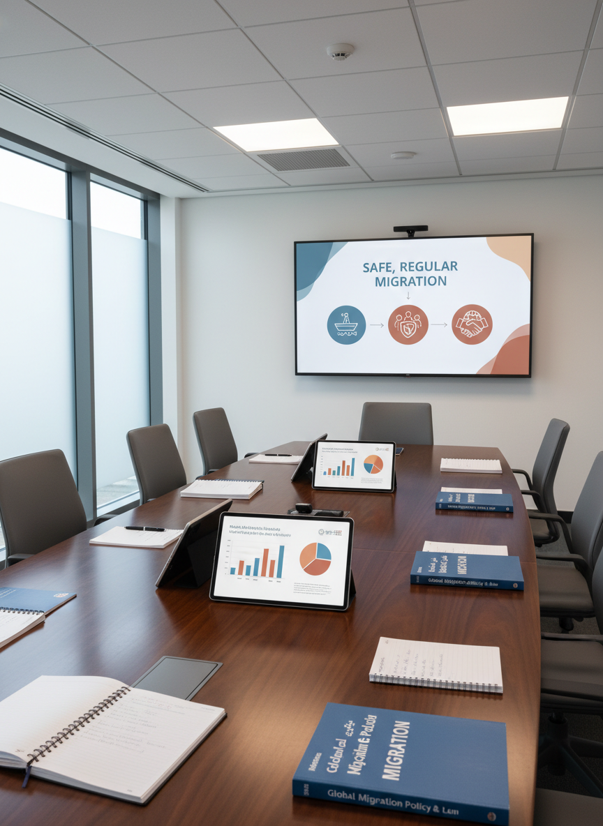 A polished conference table in a contemporary training room, covered with open notebooks, multilingual training manuals on migration policy, and tablets showing graphs and flowcharts. Several ergonomic chairs are slightly pulled back, hinting at an ongoing workshop. A large, wall-mounted screen at the far end displays a simplified, icon-based presentation about safe, regular migration, with muted blues and warm earth tones. Soft overhead lighting mixes with diffused daylight from a side window, creating balanced, shadow-free illumination. Captured from a slightly elevated, wide-angle perspective, the entire room is in crisp focus. The atmosphere is collaborative and scholarly, emphasizing continuous professional development and structured advisory training in a sophisticated, photographic style.