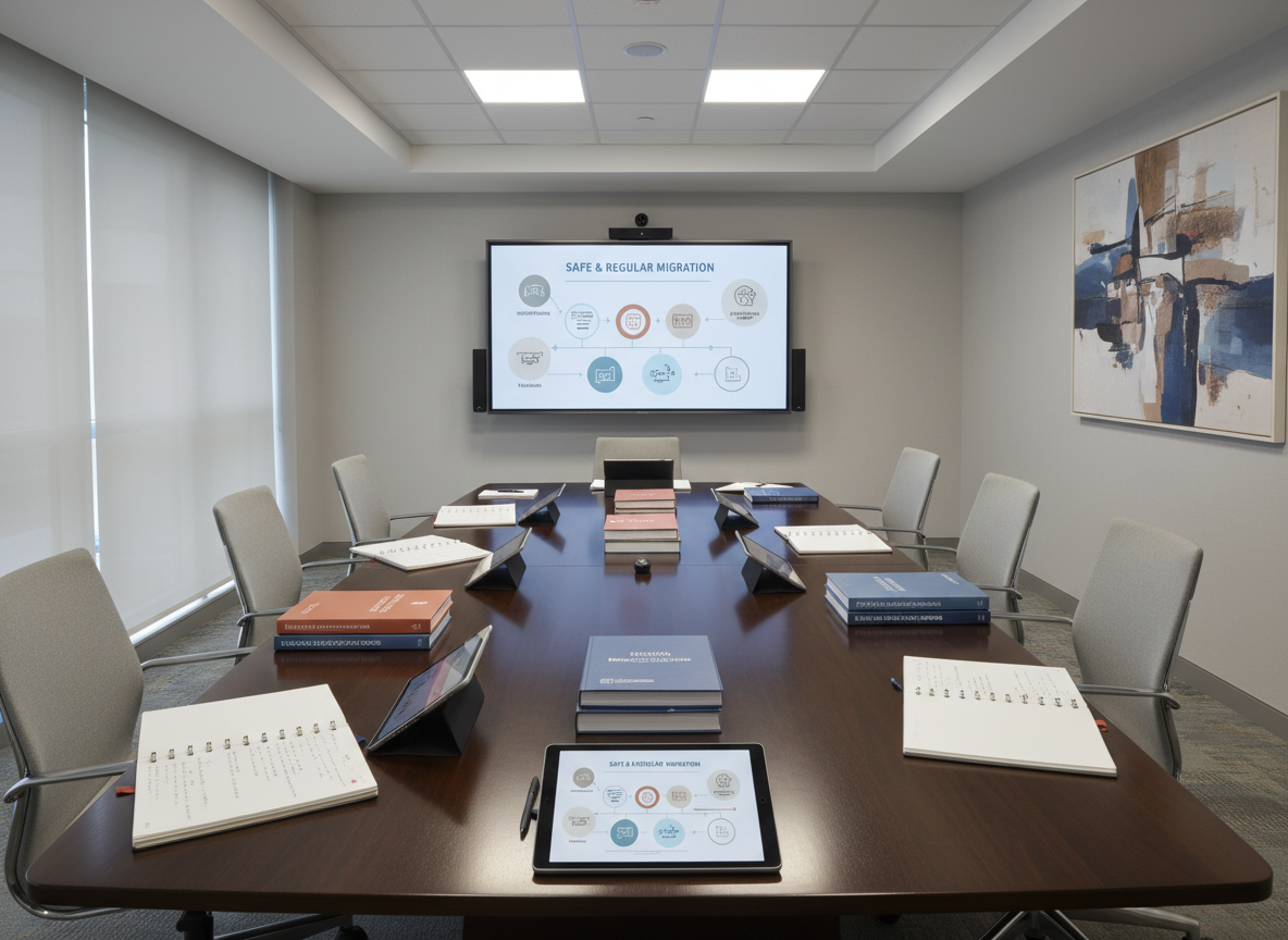 A polished conference table in a contemporary training room, covered with open notebooks, multilingual training manuals on migration policy, and tablets showing graphs and flowcharts. Several ergonomic chairs are slightly pulled back, hinting at an ongoing workshop. A large, wall-mounted screen at the far end displays a simplified, icon-based presentation about safe, regular migration, with muted blues and warm earth tones. Soft overhead lighting mixes with diffused daylight from a side window, creating balanced, shadow-free illumination. Captured from a slightly elevated, wide-angle perspective, the entire room is in crisp focus. The atmosphere is collaborative and scholarly, emphasizing continuous professional development and structured advisory training in a sophisticated, photographic style.