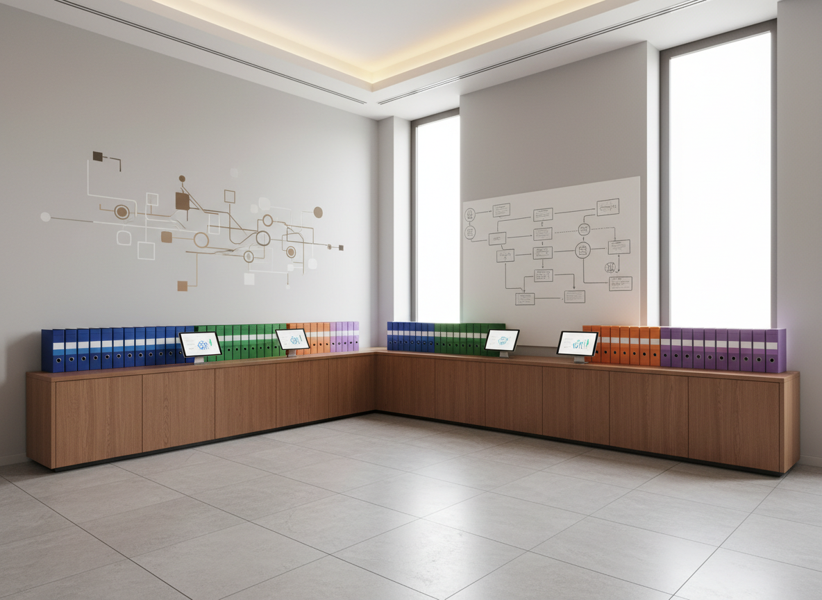 A sophisticated training space dedicated to migration advisors, featuring a long sideboard lined with neatly arranged binders labeled only by color bands, tablets resting on stands displaying policy updates as graphs and icons, and a large whiteboard filled with clean, hand-drawn flow diagrams about advisory processes, no text. The room has pale stone flooring, light gray walls, and a subtle abstract wall mural suggesting interconnected routes. Natural daylight from tall side windows mixes with soft recessed ceiling lights, producing a bright yet gentle ambience. Photographic realism from a slightly wide-angle, corner perspective shows depth and structure. The mood is disciplined, forward-looking, and collaborative, emphasizing continuous education and structured methodology in migratory counseling while avoiding any commercial or governmental symbolism.