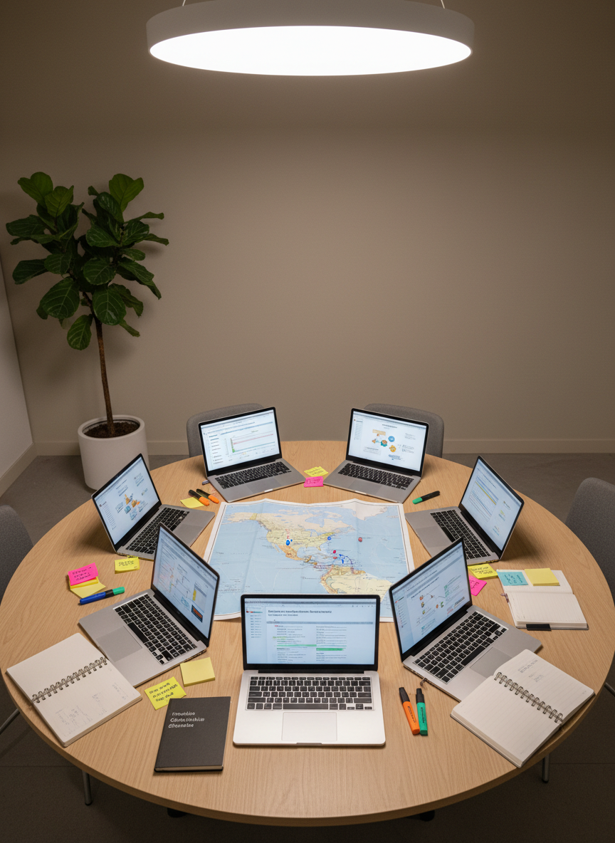 An overhead, photographic view of a collaborative planning session represented only by objects: multiple laptops forming a circle on a smooth light-wood table, with each screen displaying different aspects of migration advisory work, from timelines to checklists and resource maps. Between them, there are color-coded sticky notes, highlighters, translated glossaries, and a central, folded map of the Americas. The room around the table is sleek and modern, with neutral walls and a single tall plant adding a touch of green. Soft, diffused ceiling light gently illuminates the workspace, avoiding harsh shadows. The composition is balanced and symmetrical, evoking teamwork, coordination, and professional cooperation among diverse Latin American advisors, suggested purely through varied document styles and languages, in a sophisticated, realistic style.